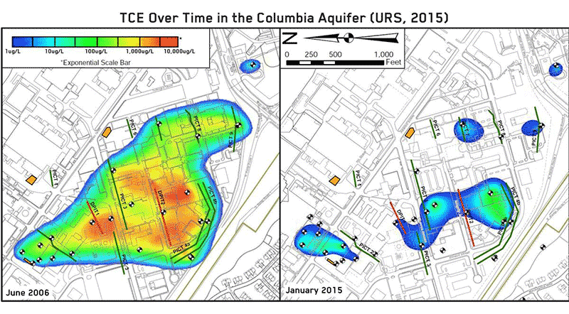 TCE plume at Dover Air Force Base before and after bioremediation using Newman Zone EVO biobarriers