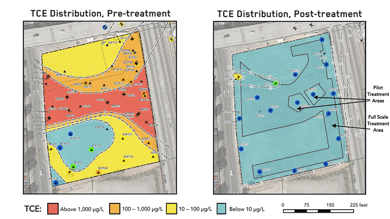 TCE distribution before and after bioremediation at an Emeryville brownfield site