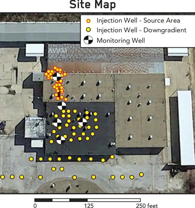 Stephenville site map showing source-area injection wells, downgradient injection wells and groundwater monitoring wells.